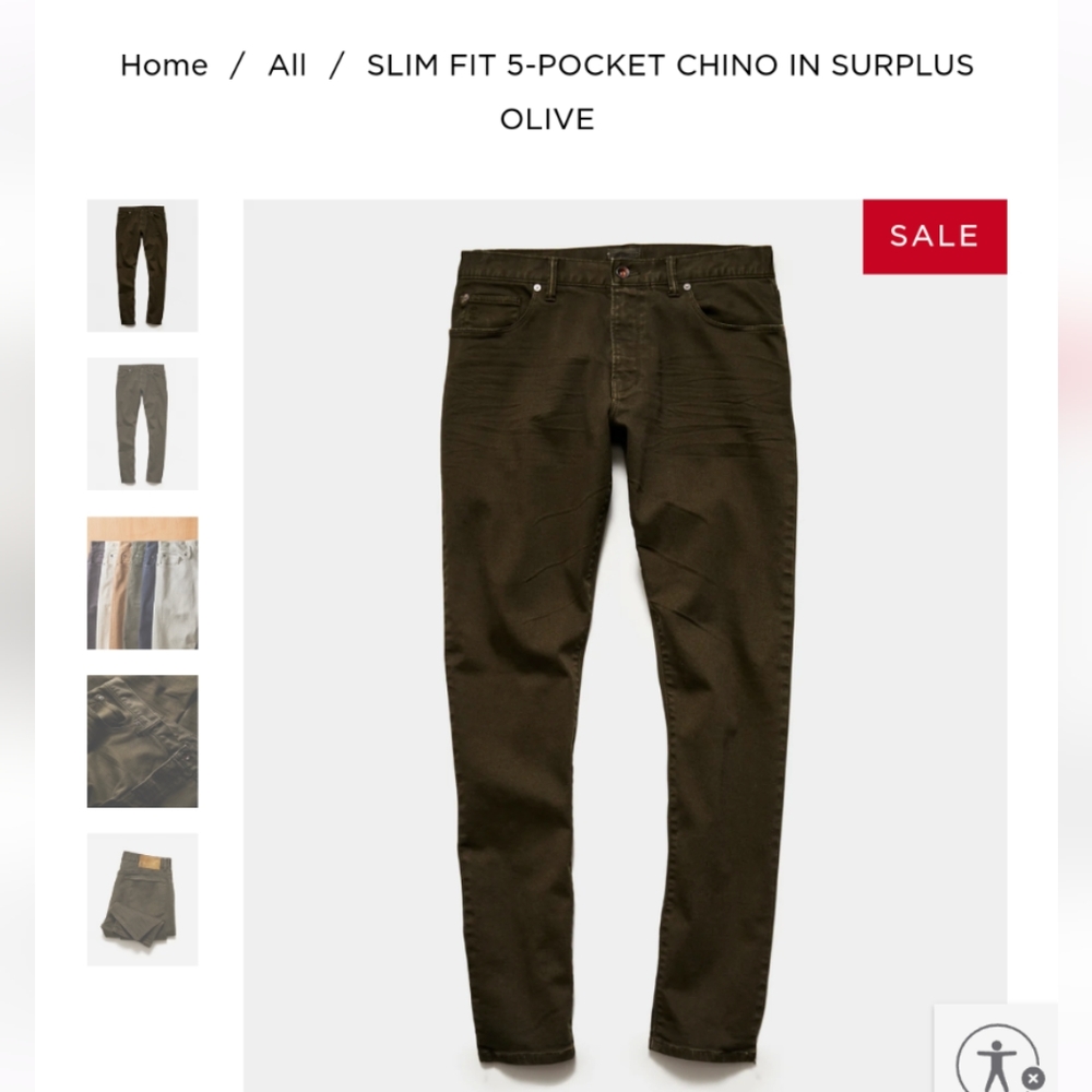 NWT Todd Snyder Slim Fit 5-Pocket Chino (Surplus Olive) Size 31